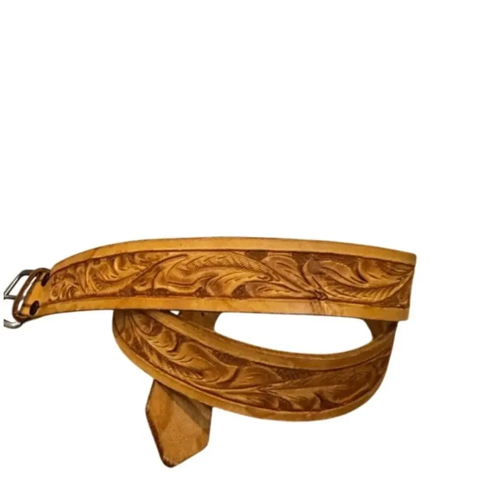 Vintage Tooled Leather Western Belt Size 42 Tan Floral Engraved RDH Initials